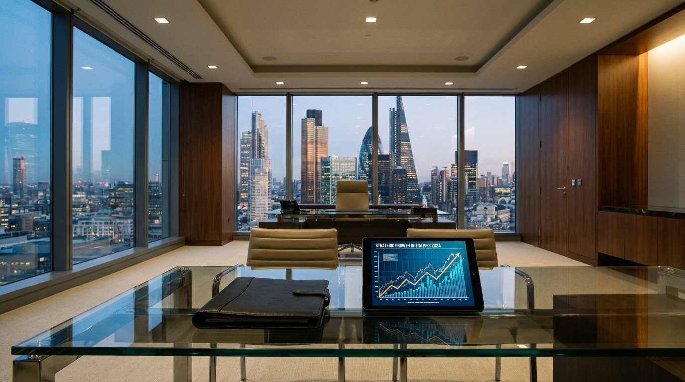 An executive conference room at dusk with a city skyline view and a tablet displaying a financial growth chart on the table