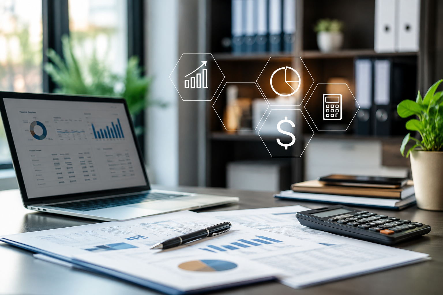 A modern accounting workspace with a laptop showing financial charts, a calculator, and printed reports on a desk