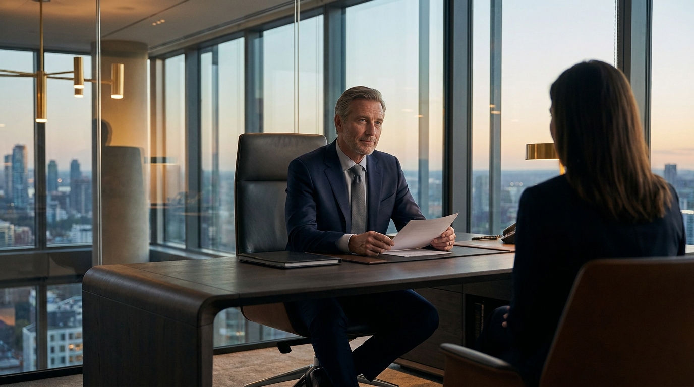 A financial advisor meeting with a client in a high-rise office at dusk, city skyline visible through floor-to-ceiling windows