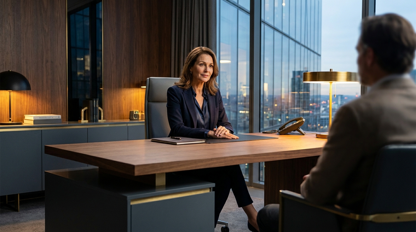 An attorney meeting with a client in a modern high-rise law office at dusk, city skyline visible through floor-to-ceiling windows