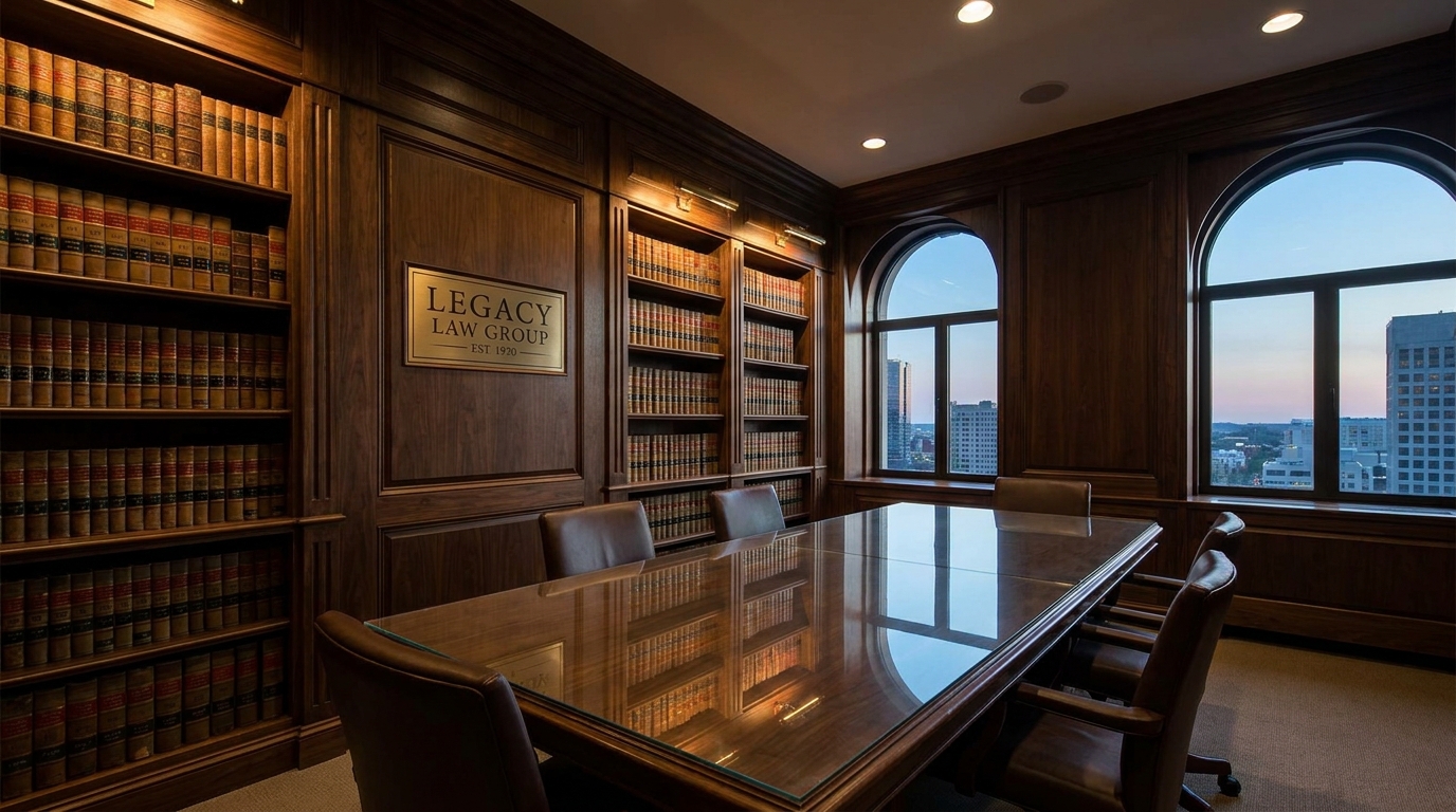 A pristine modern law firm library and conference room with a wall of legal volumes and a city skyline view