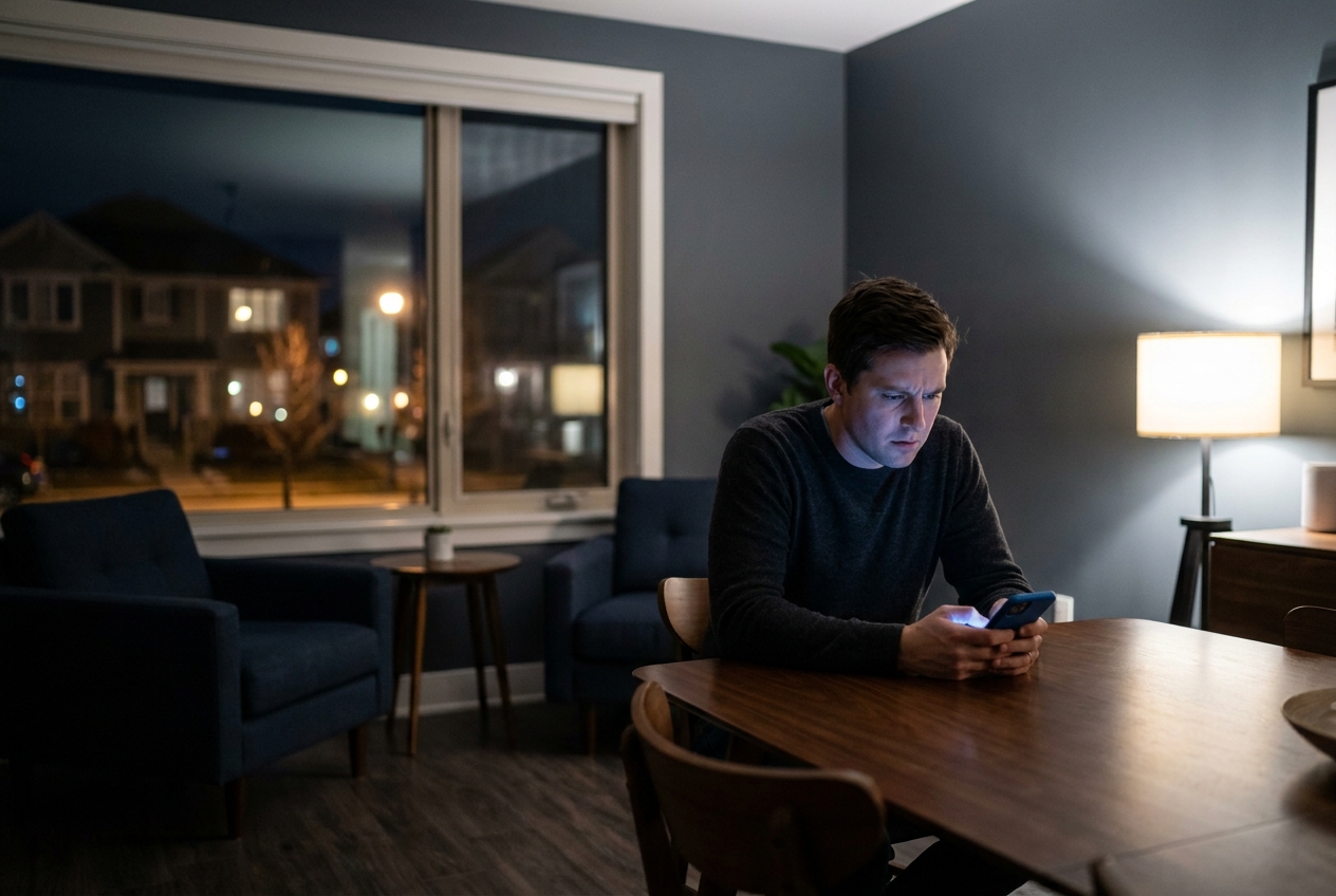 A man sitting alone at his kitchen table late at night, looking at his phone with concern