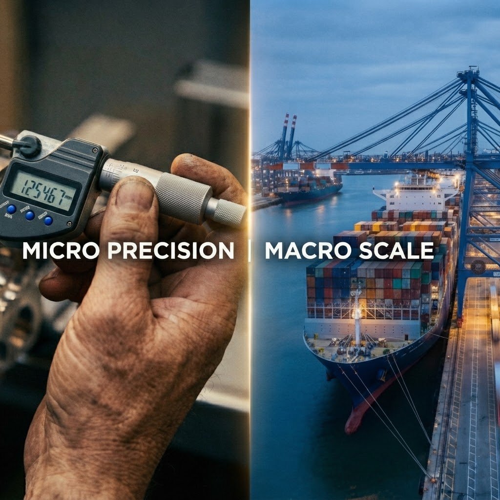 A split image showing a precision micrometer measuring a machined part on the left and a container ship at a busy port on the right
