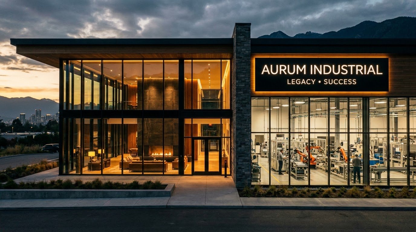 An illuminated industrial facility at dusk with a visible production floor and robotic equipment through floor-to-ceiling windows