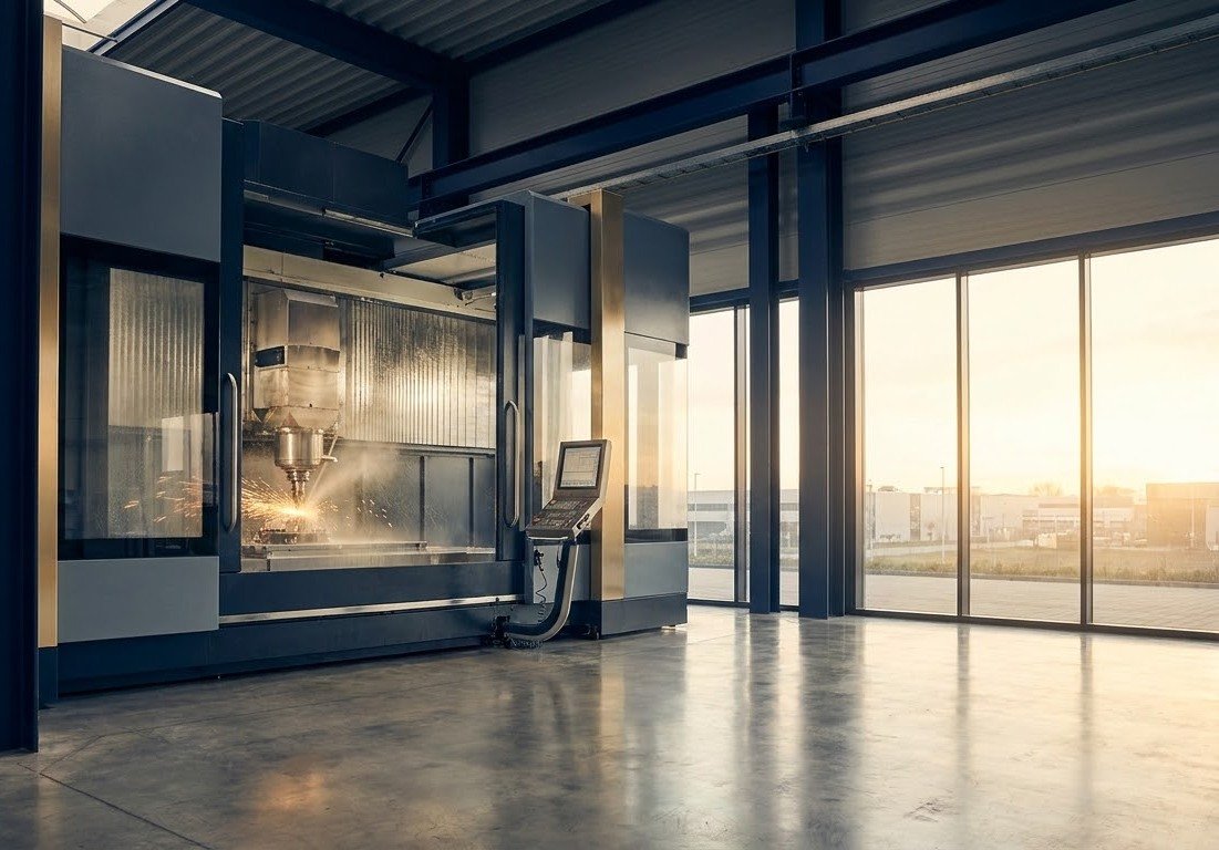 A CNC machining center cutting metal inside a modern industrial facility, with sparks flying from the tool contact point