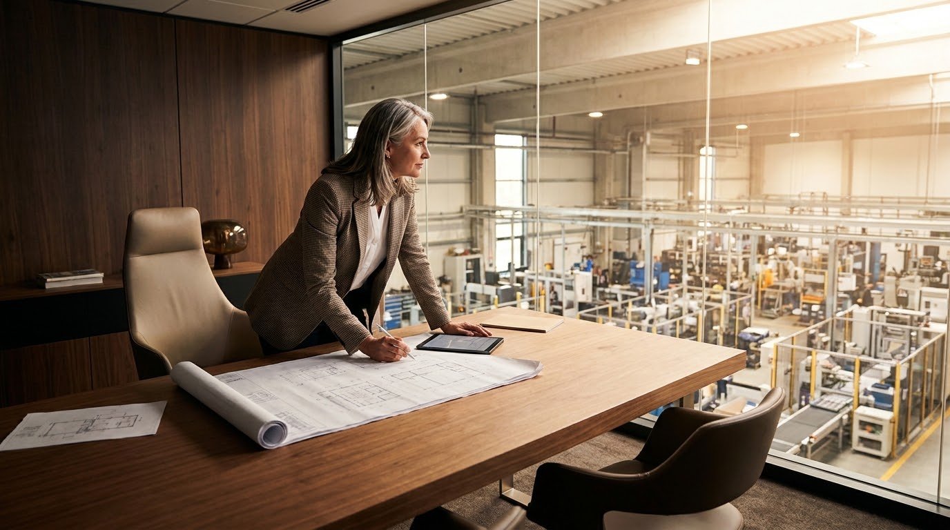 An executive looking out over a factory floor from a glass-walled conference room, blueprints and a tablet on the table