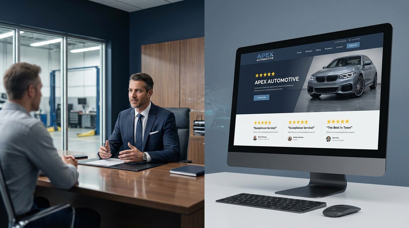 A shop owner meeting with a customer, next to a professional shop website on a monitor