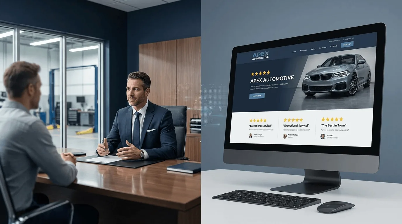 A shop owner meeting with a customer, next to a professional shop website on a monitor