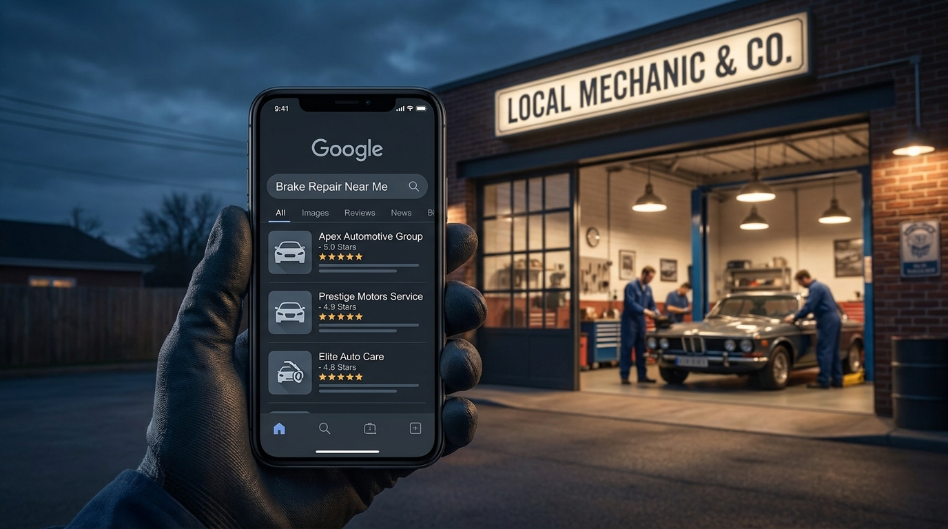 A hand holding a phone showing Google search results for 'Brake Repair Near Me' in front of a local auto shop at dusk