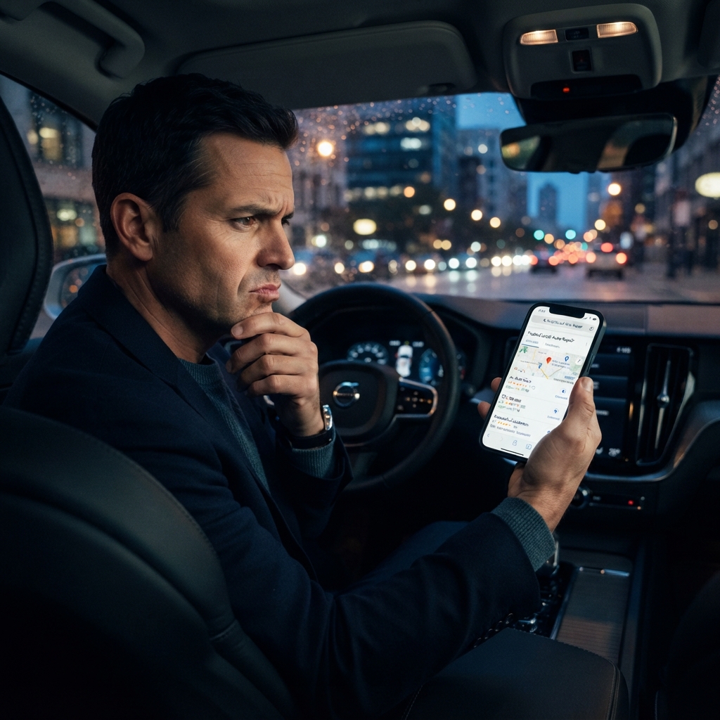 A driver at night, anxiously searching for a trustworthy auto repair shop on his phone