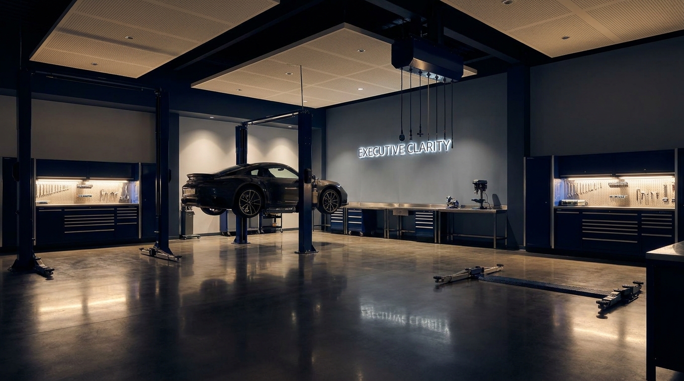 A pristine, high-end auto repair facility with a vehicle on the lift