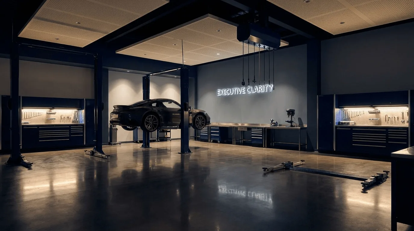 A pristine, high-end auto repair facility with a vehicle on the lift