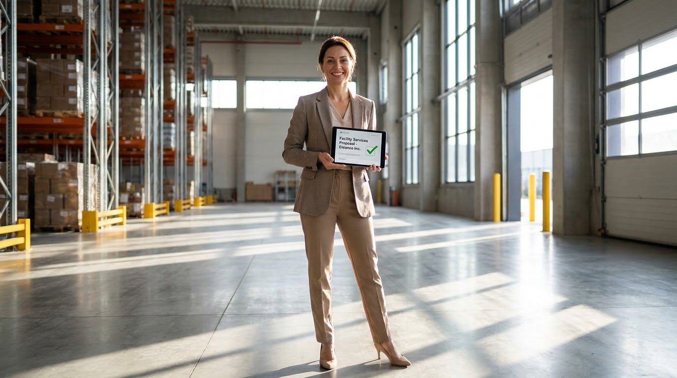A confident facilities services account manager in a warehouse holding a tablet displaying an approved facility services proposal