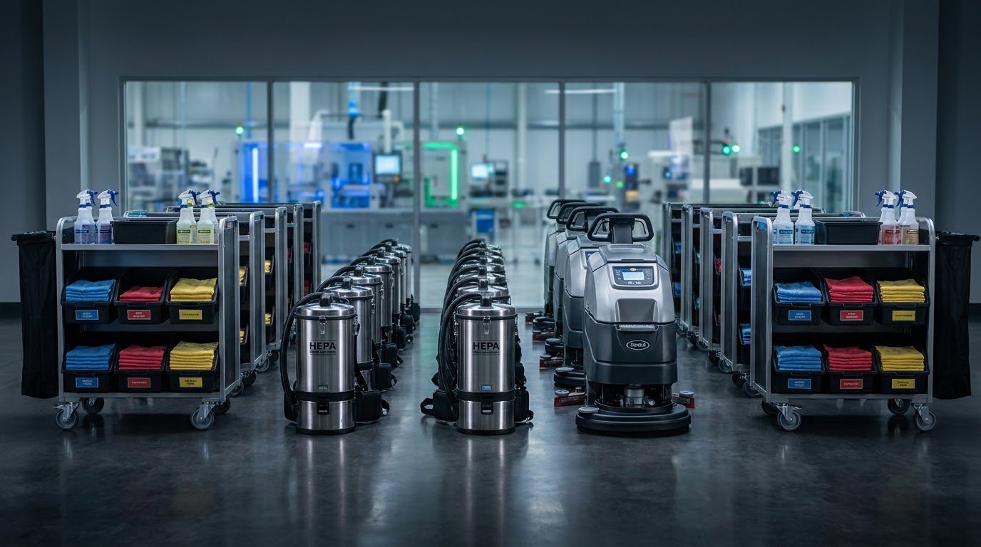 A fully stocked commercial cleaning fleet, carts, HEPA vacuums, and an auto-scrubber lined up in a spotless industrial facility