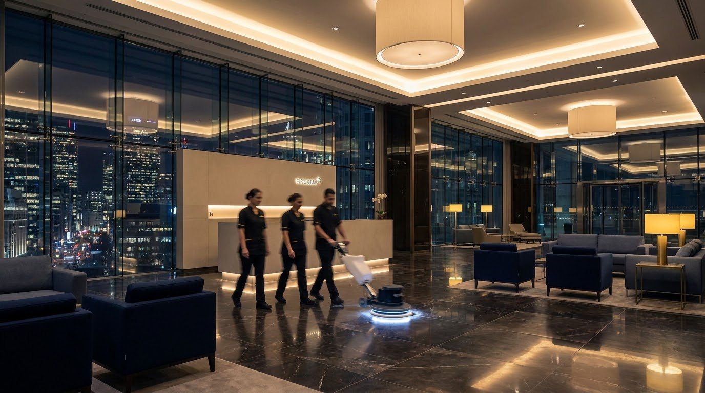 A three-person commercial cleaning crew polishing the marble floor of a high-rise office lobby at night, city skyline glowing through floor-to-ceiling windows