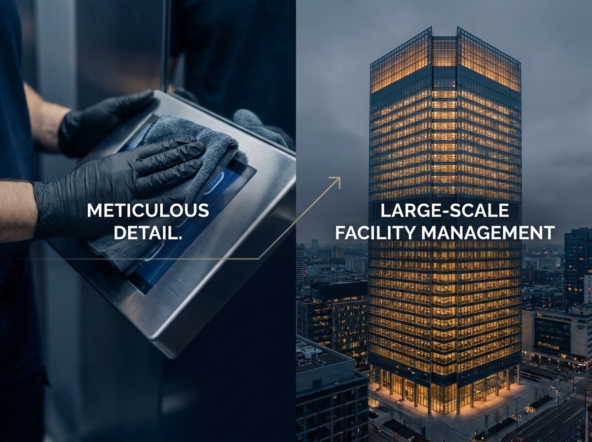 Diptych: gloved hands wiping down a stainless steel keypad labeled Meticulous Detail, connected by an arrow to a glowing high-rise office tower at dusk labeled Large-Scale Facility Management