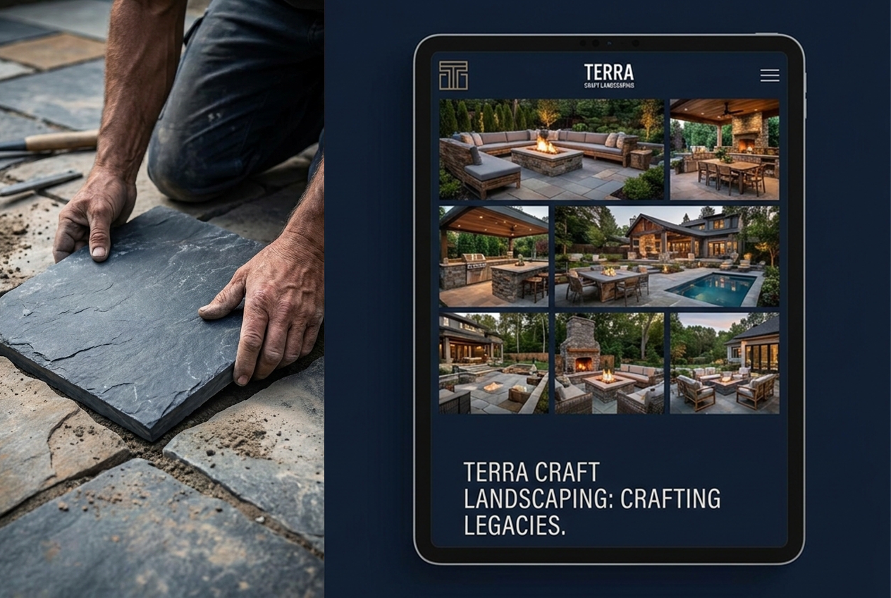 Split image: a craftsman's hands setting a natural stone paver, transitioning into a tablet displaying the Terra Craft Landscaping portfolio website with a gallery of luxury outdoor living spaces