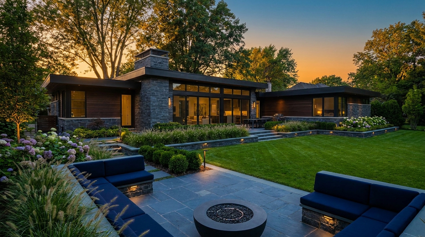 A luxury modern home at dusk with a manicured lawn, layered garden beds, stone patio, fire pit, and a lit outdoor lounge