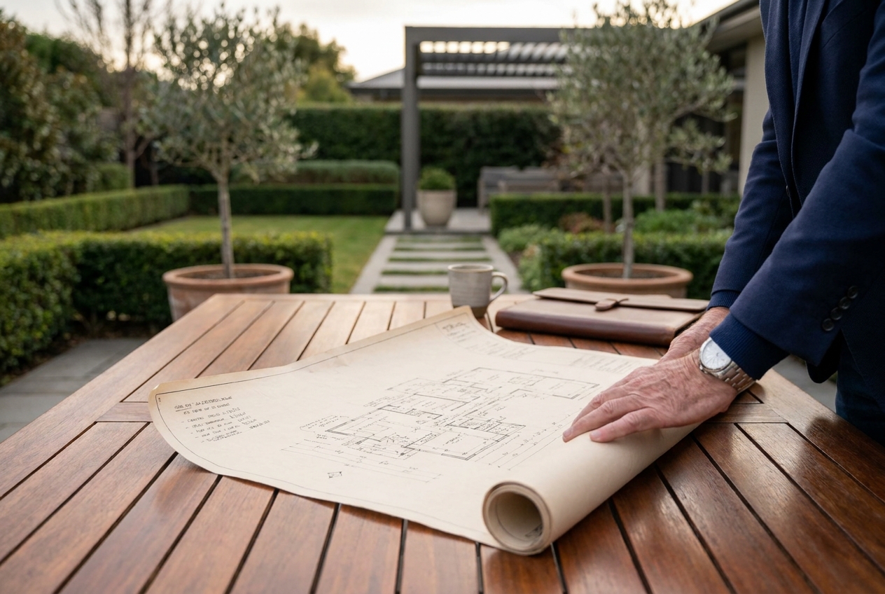 A landscape designer unrolling a hand-drawn blueprint on an outdoor teak table in a manicured formal garden, with a coffee mug and leather portfolio beside it