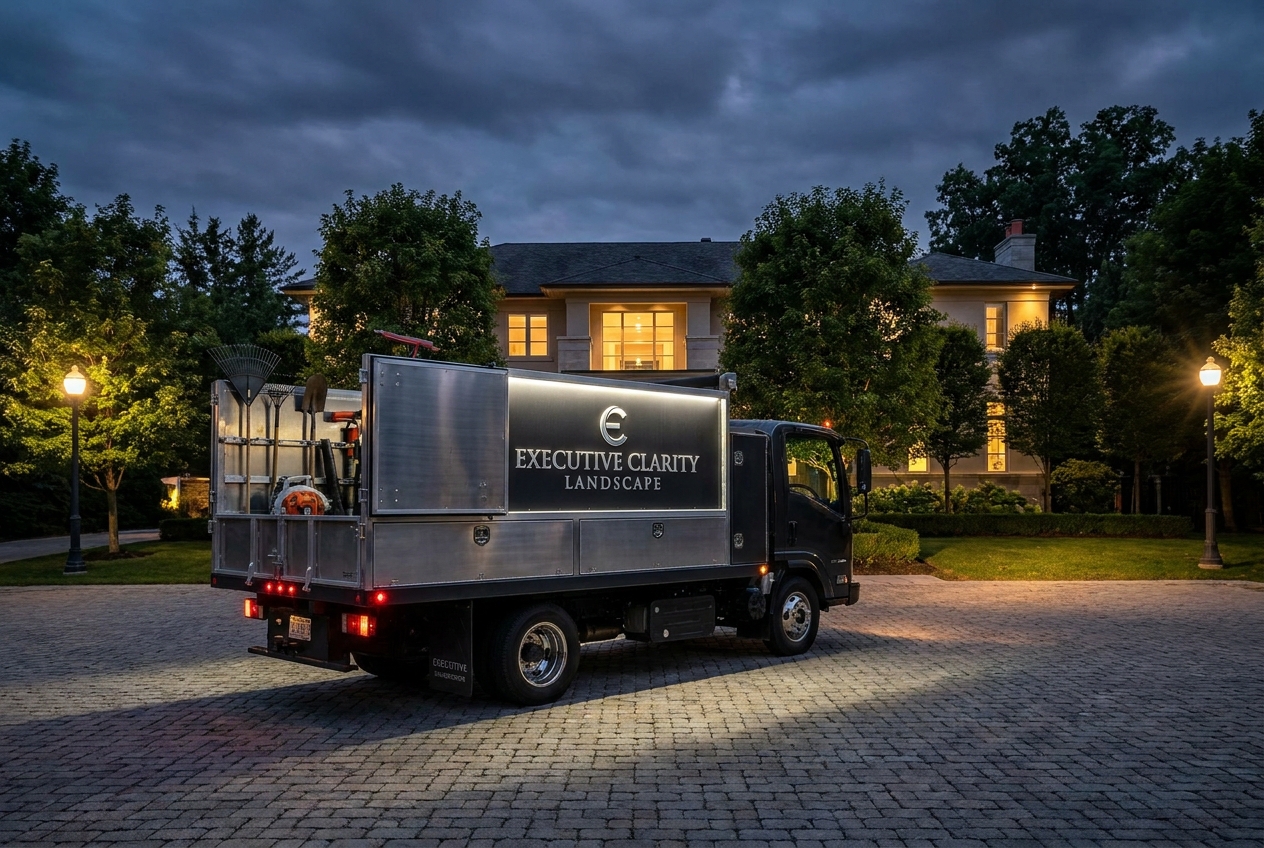 A branded landscaping truck parked in the driveway of a large luxury home at dusk, lit by streetlamps