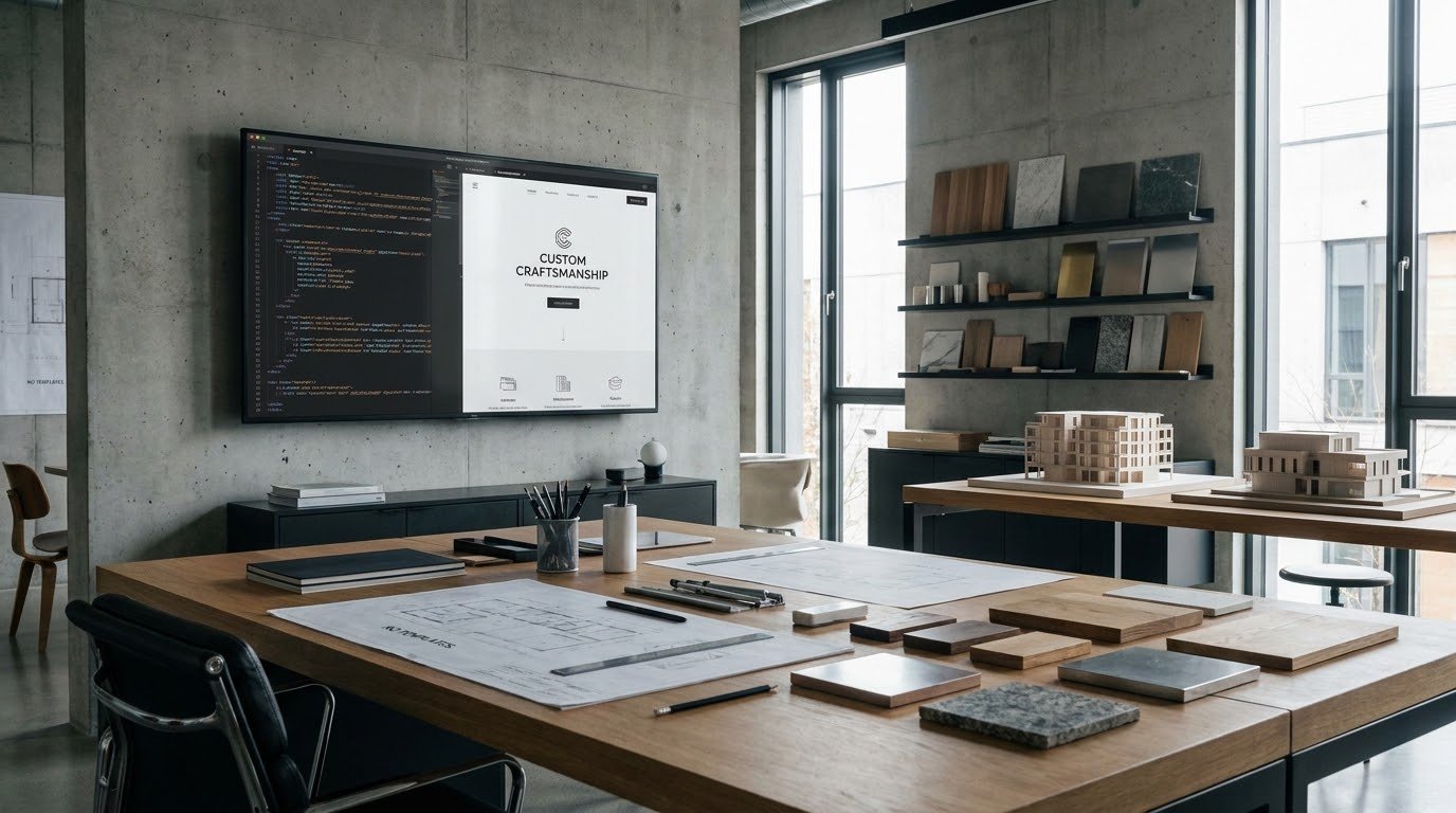 A concrete design studio wall-mounted screen split between code and a live website preview, with architectural blueprints, material swatches, and building models on the desk