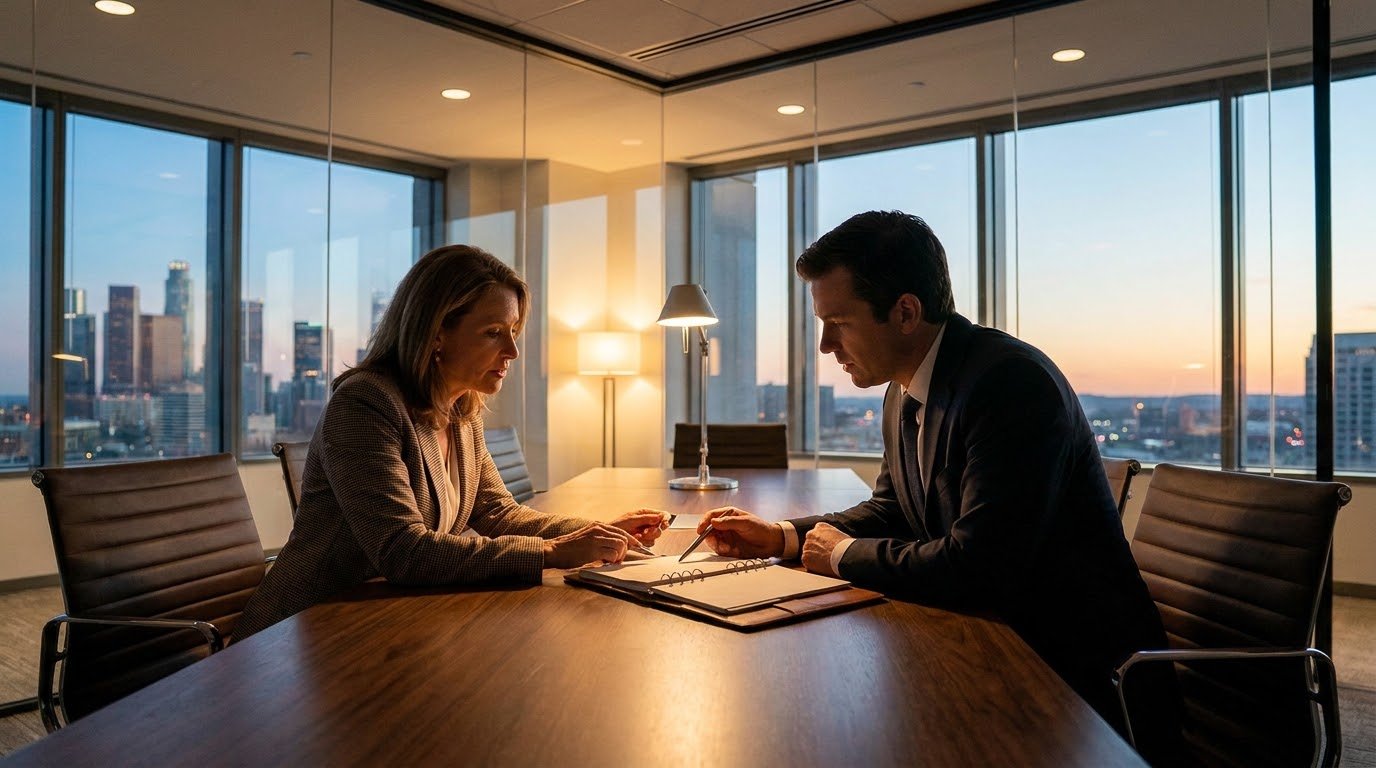 A consultant and a client leaning over an open binder at a conference table at dusk, deep in discussion, city skyline glowing through the windows
