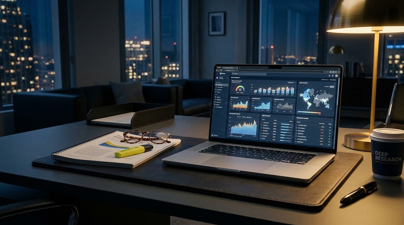 A laptop displaying an analytics dashboard of charts and a world map, next to a handwritten notebook, highlighter, and a coffee cup labeled Deep Research, on a desk at night with a city skyline behind