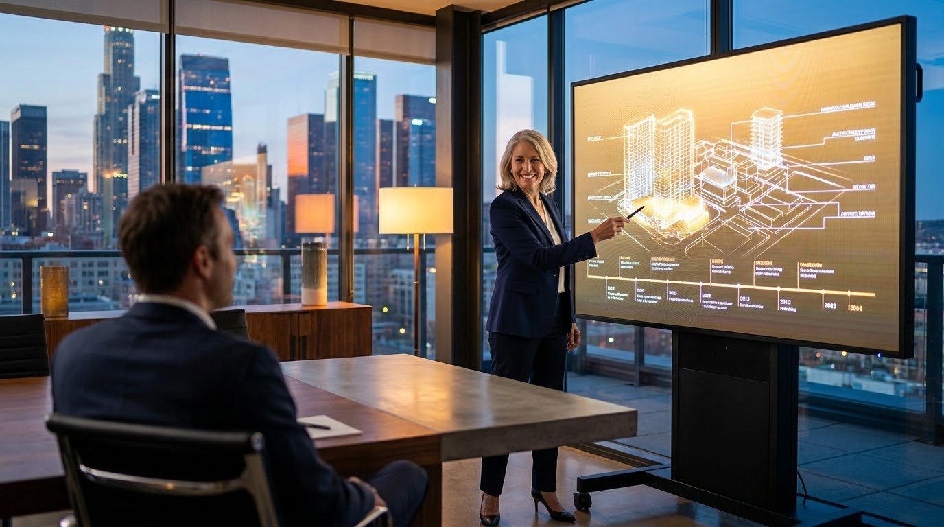 A consultant presenting an illuminated 3D building schematic on a large screen to a client, city skyline visible through the windows at dusk