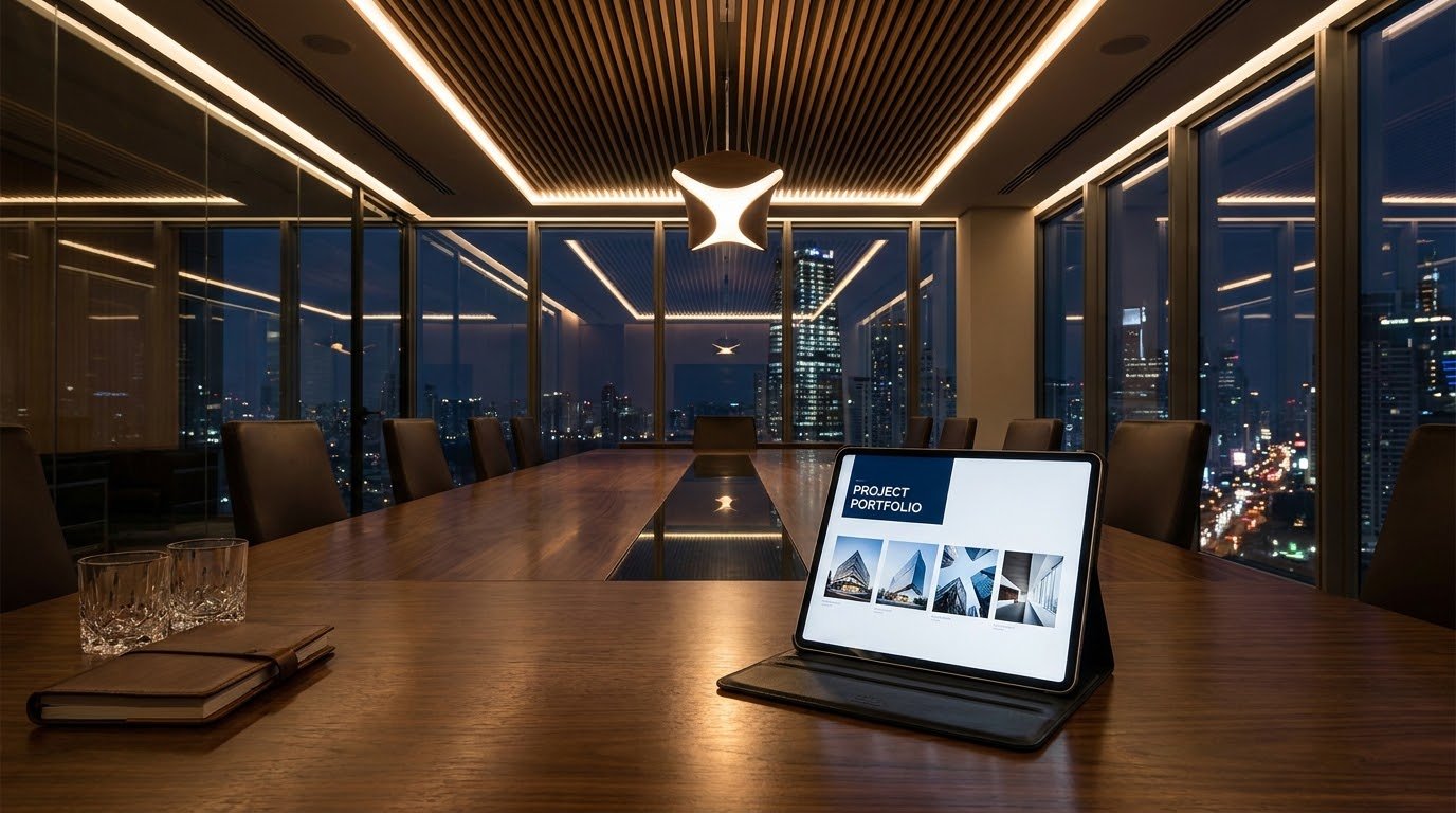 A tablet displaying a project portfolio grid resting on a boardroom table at night, with a city skyline visible through floor-to-ceiling windows