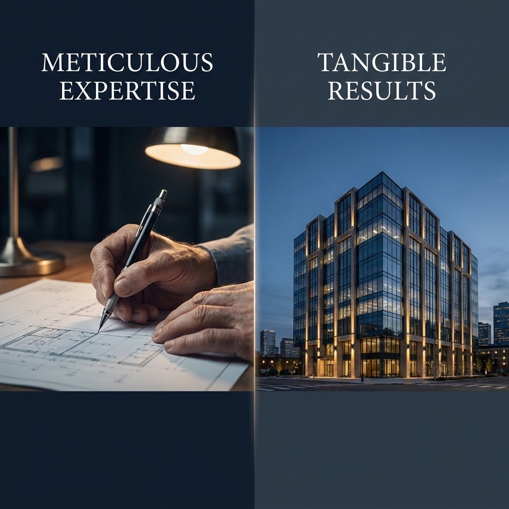 Diptych: hands drafting a floor plan under a desk lamp labeled Meticulous Expertise, paired with a glowing glass office tower at dusk labeled Tangible Results