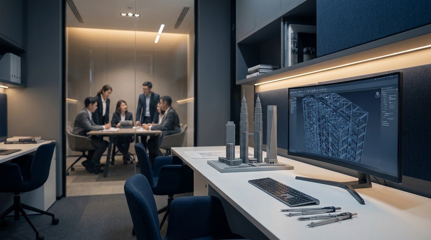 An engineer's workstation with a structural model on screen and scale building models on the desk, a project team meeting visible in the background