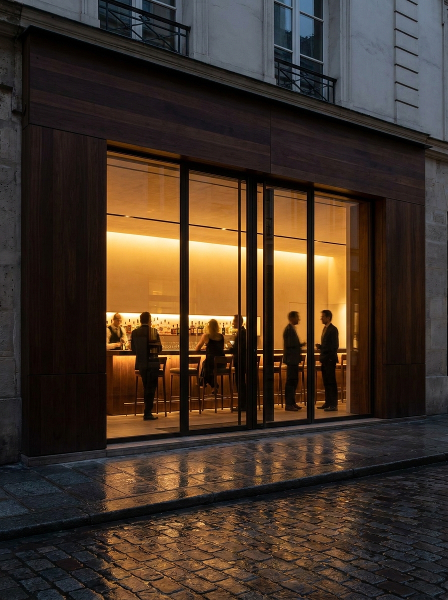 A beautiful restaurant storefront at night