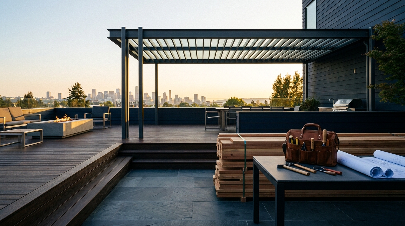 A modern rooftop deck build in progress at dusk, with a city skyline in the background and a contractor's tool bag and blueprints on a workbench