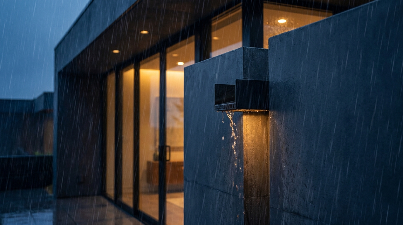 A high-end modern home exterior at dusk in heavy rain, cool blue tones outside contrasting with warm glowing light spilling from the windows and a dripping wall sconce