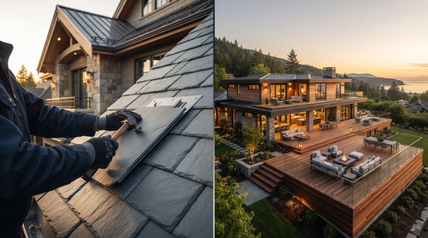 Split image: a roofer hand-nailing slate shingles on a modest roof repair, transitioning into a sprawling luxury wood deck and modern home overlooking the coast at sunset
